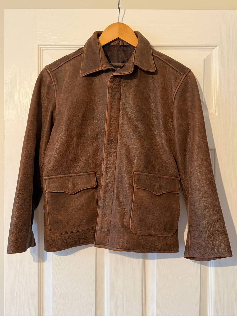 US Wings Brown Leather Jacket - Classic Collared Coat Size L